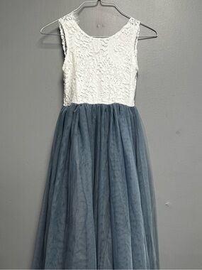 Girls White Lace Bodice Blue Tulle Maxi Dress 2bunnies for size 7-8